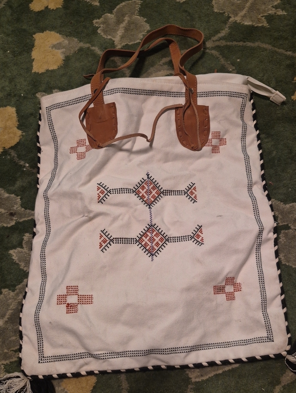 Hand-Embroidered White Canvas Tote with Brown Leather Handles
